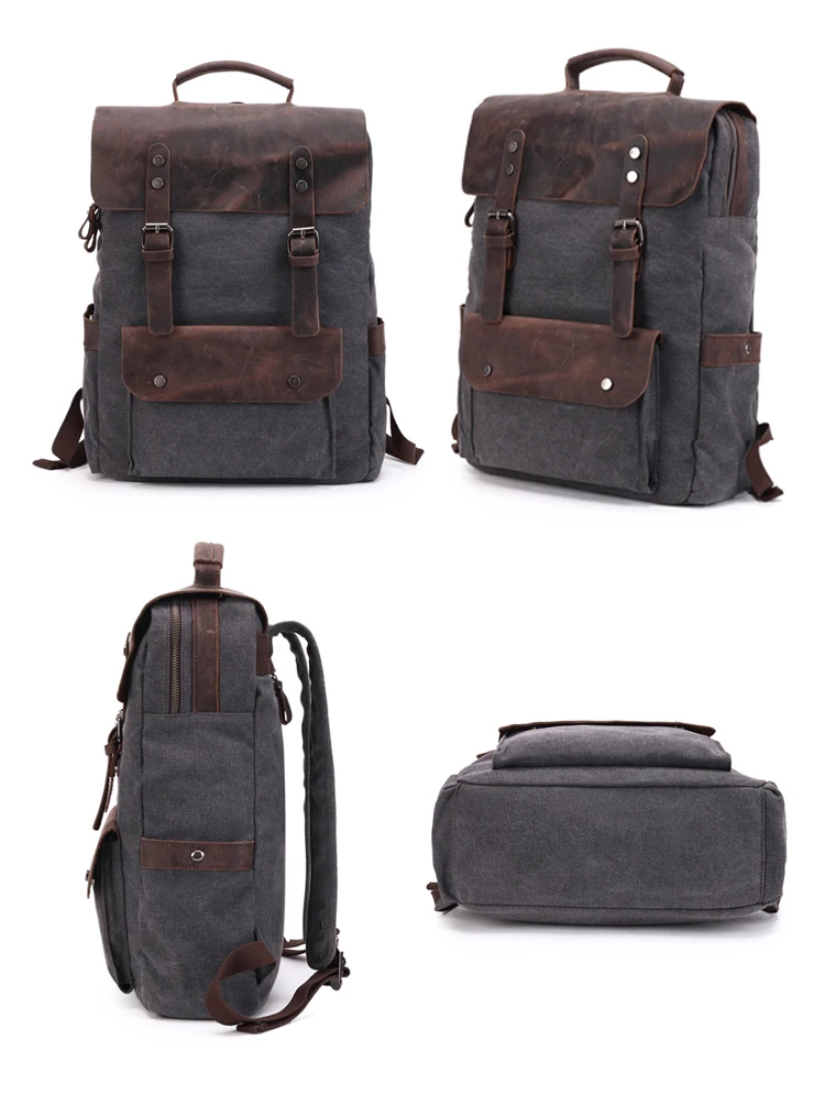 Retro 16Oz Washed Canvas Design Daily Use Durable Crazy Horse Leather Backpack Rucksack Back Pack Bag