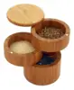 Bamboo Triple Salt Box Container with Magnetic Lid For Secure Strong Storage and Three Compartments