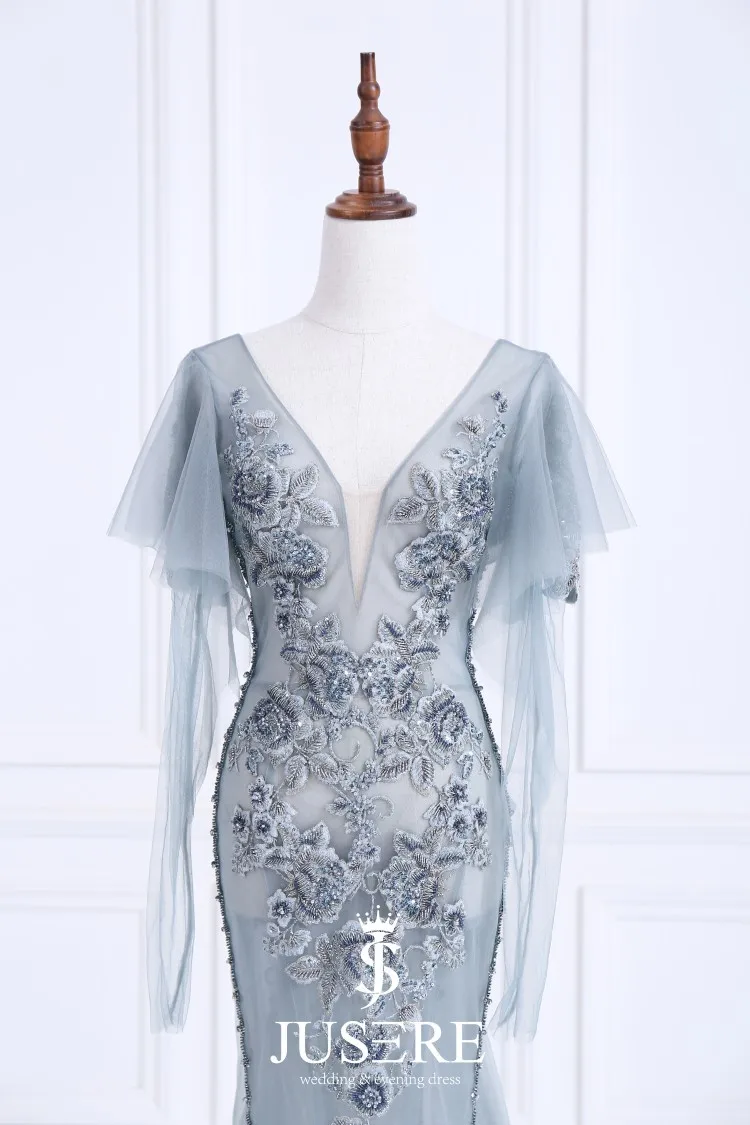 豪华v领长袖美人鱼小号珠绣花 hautecouture 晚礼服红毯礼服