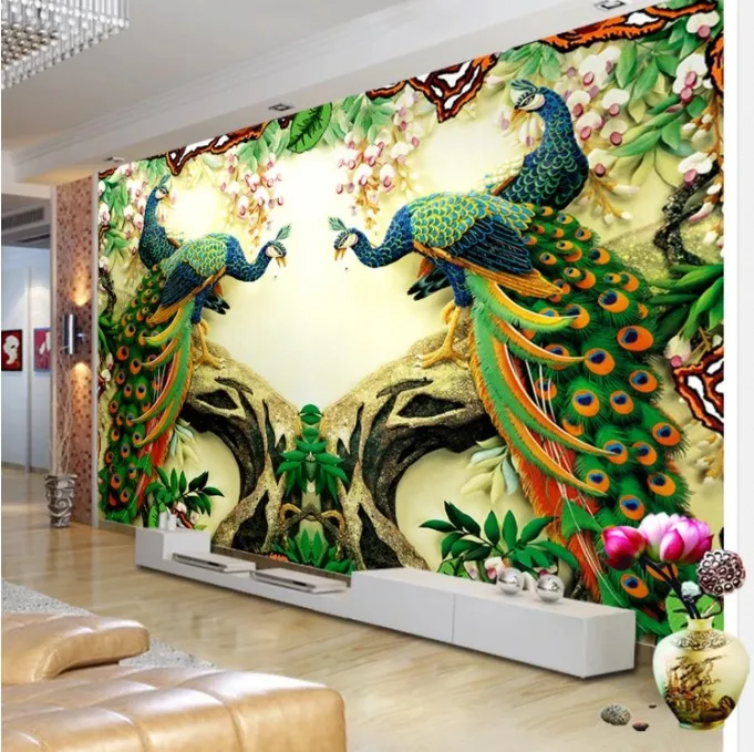 Beautiful 3d Peacock Designs Wall Mural Art Digital Printing For Home