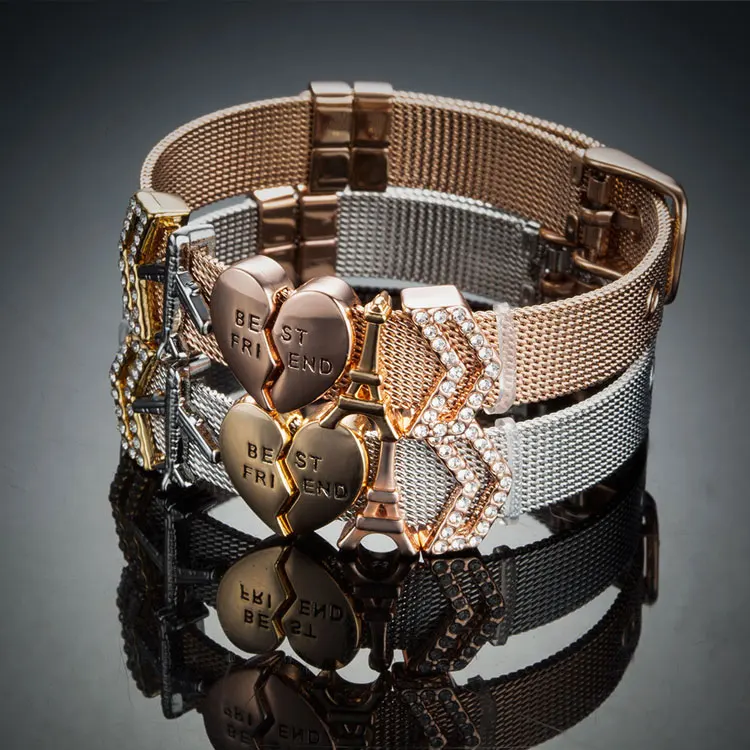 Rose Gold Plated Heart Charm Design Stainless Steel Jewelry Manufacturer Best Friend Mesh Bracelet Women
