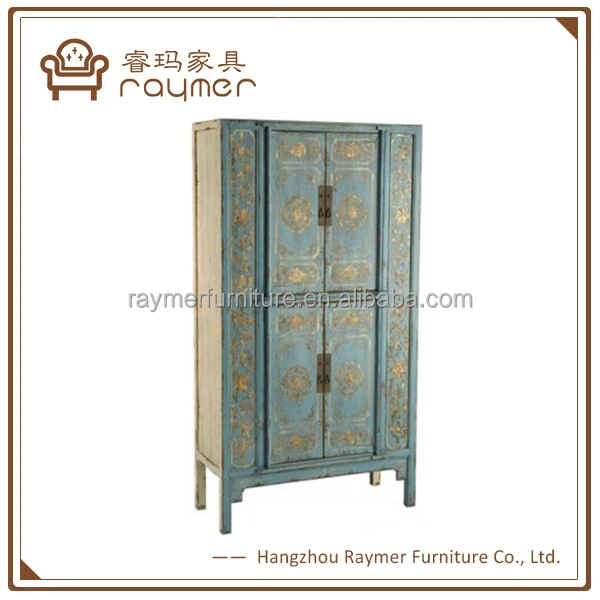 Classic Royal Solid Wood Furniture Turquoise Four Door Wardrobe