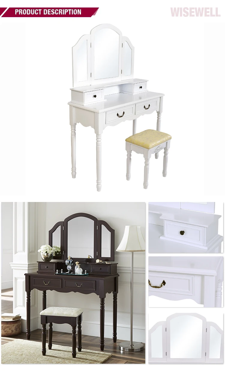 Black Bathroom Vanity Makeup Table Set W/ Tri-folding Mirror ...