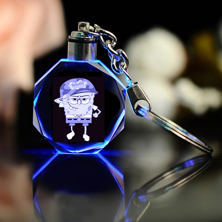 Circle Shaped Custom Engraving Led Crystal Keychain With 7 Colors