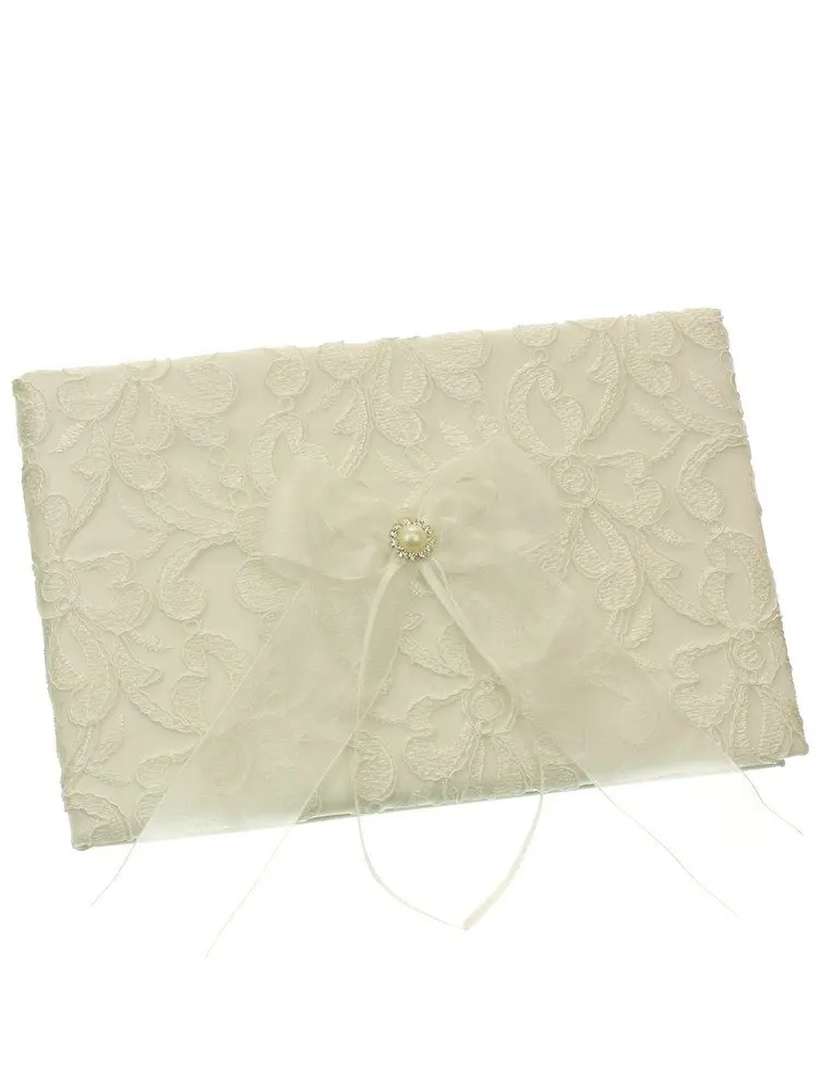 Embroidery Chiffon Ribbon Crystal Framed Faux Pearl Wedding Guest Book - Ivory
