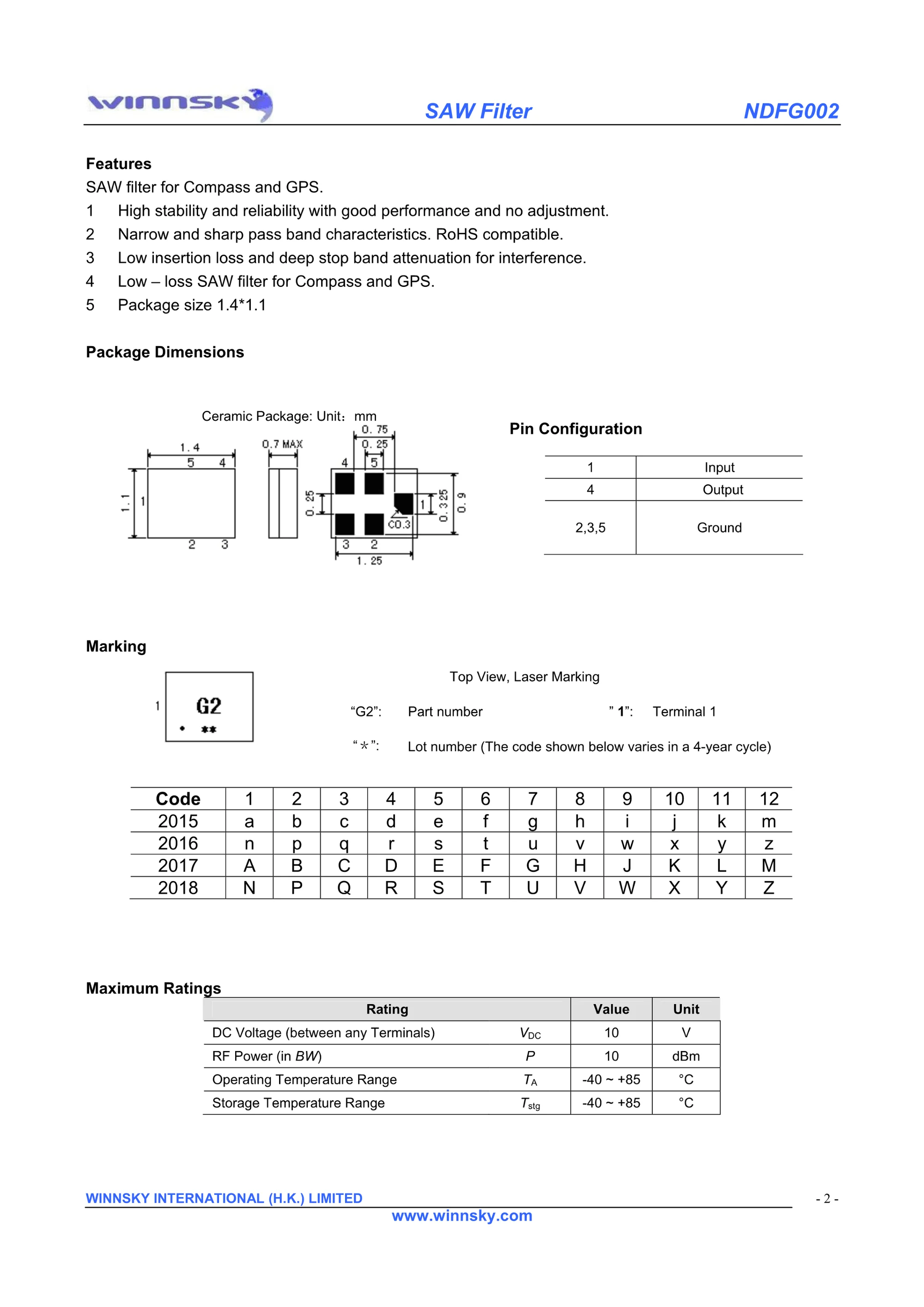 Winnsky 1568mhz Saw Filter For Compass And Gps In Smd Csp 1411 Package