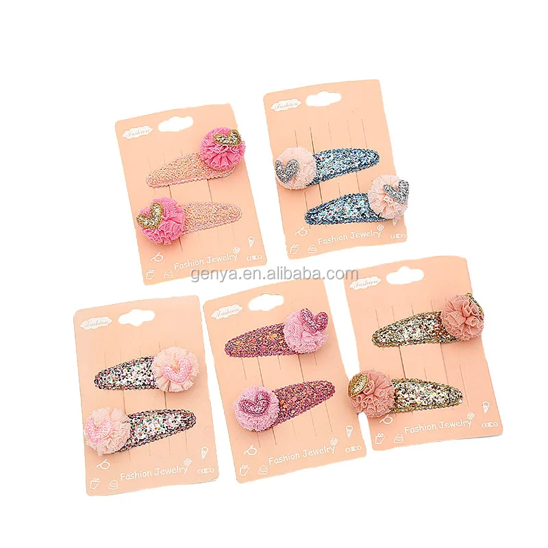 Genya Glitter Hair Clips Gauze Ball Hair Clips With Heart Girl Snap