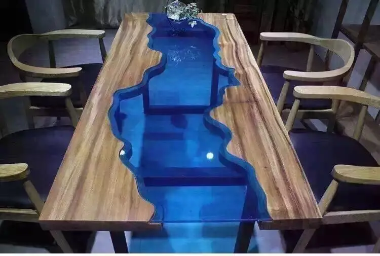 Square Edge Prefinished Glass Inlay Solid Slab Wood Table Top Live Edge Slab Table Glass Inlay