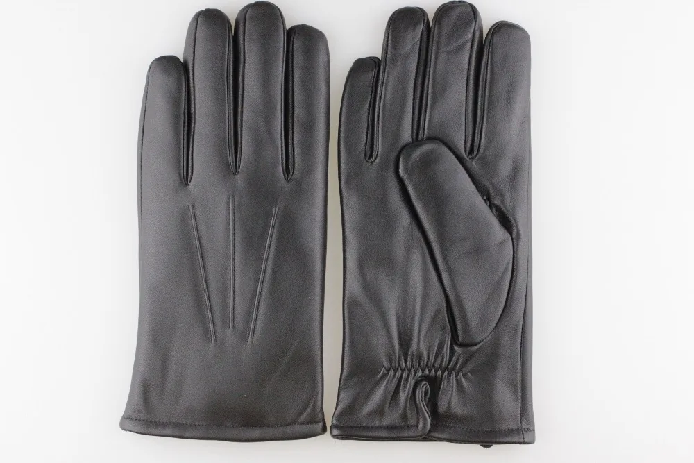 Men's leather glove simple style with warm rabbit fur lined