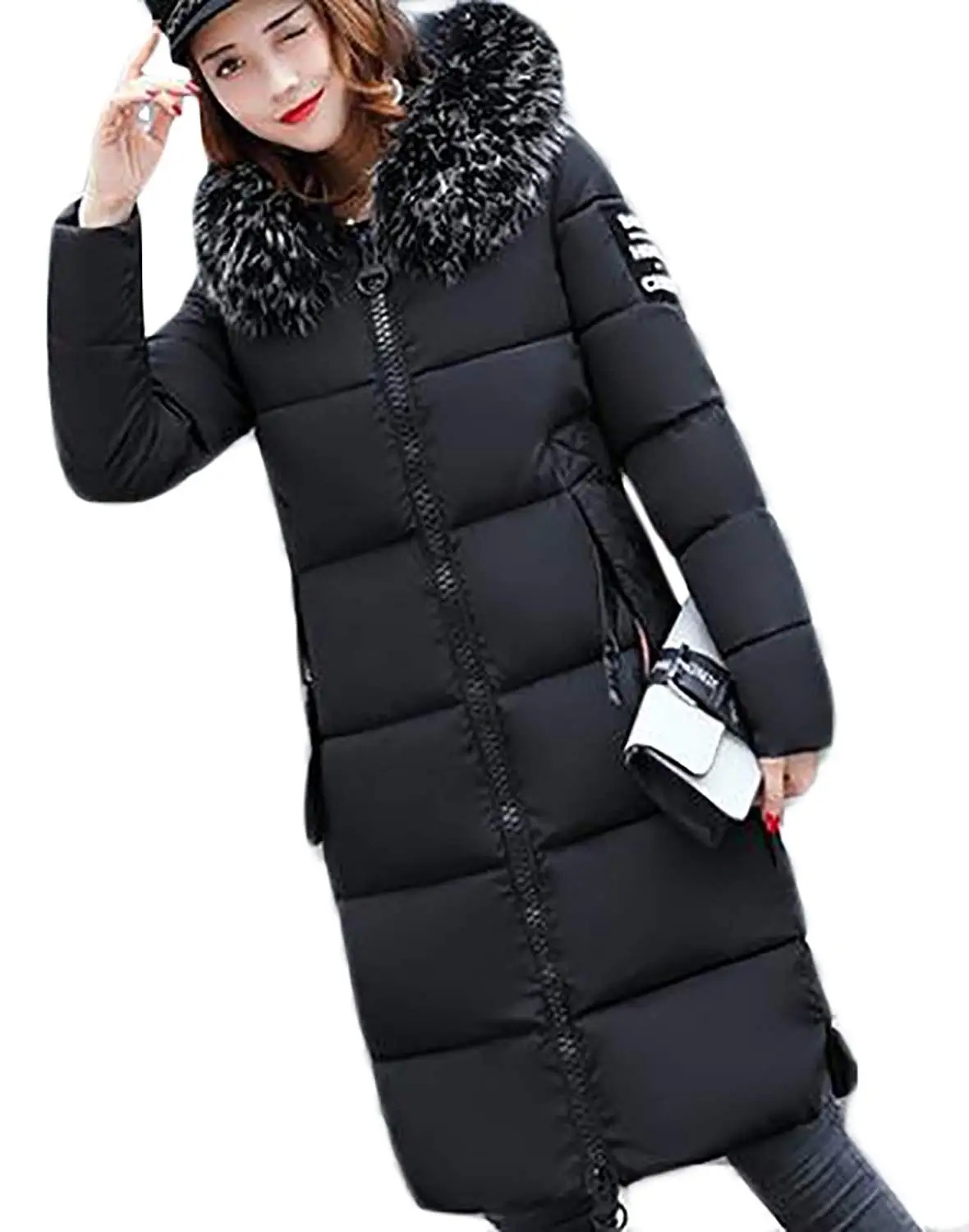 Pandapang Mens Winter Quilted Hooded Thick Letter Print Parka Coat Jacket