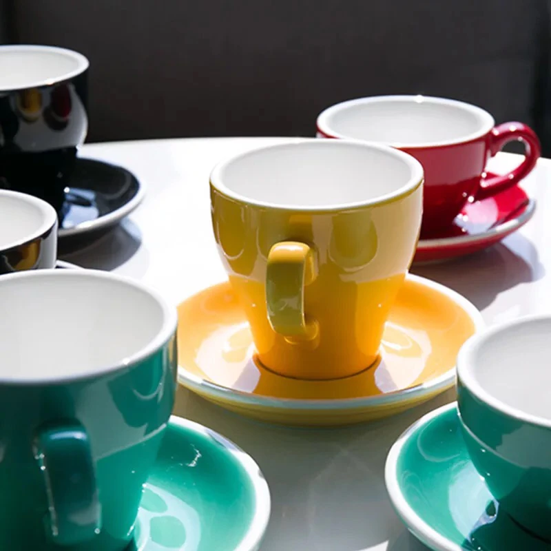 Beautiful colored french style small espresso cappuccino ceramic coffee cup with saucer