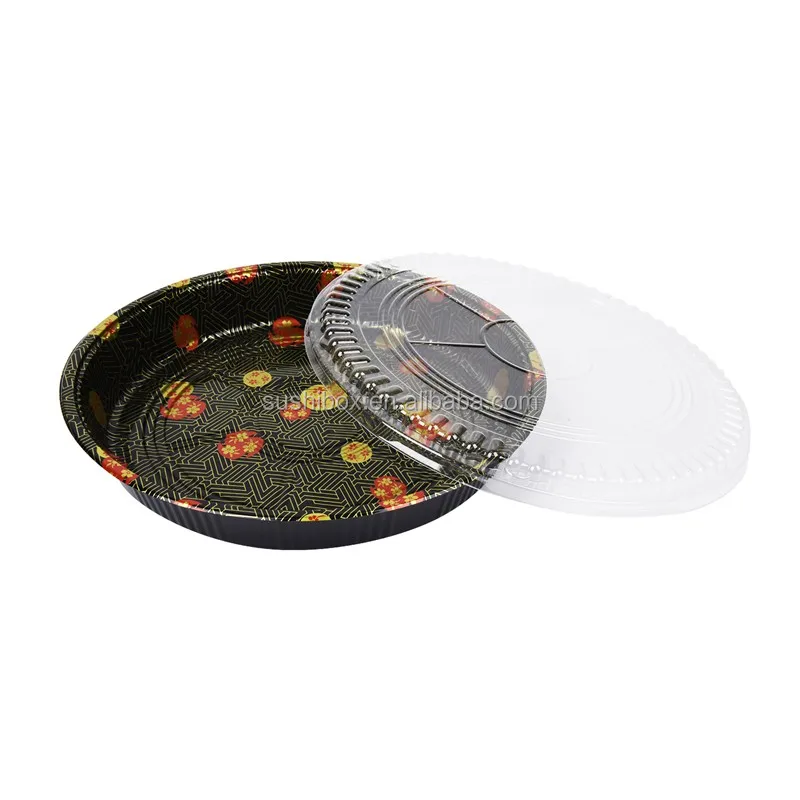 Take Out Disposable Round Black Plastic Sushi Party Trays With Lids