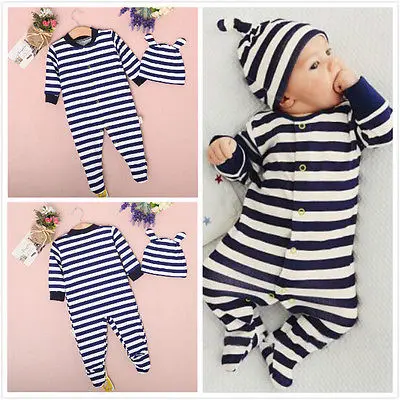 0 24M Newborn Baby Boys Girls Clothes Long Sleeve Striped Cotto Footies and Hat 2PCS