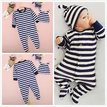 0 24M Newborn Baby Boys Girls Clothes Long Sleeve Striped Cotto Footies and Hat 2PCS