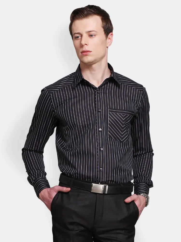 black dress shirt with white stripes