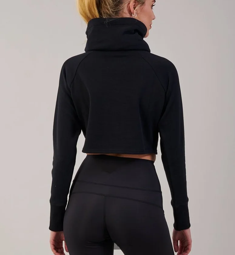 Thick Fleece Black Women Crop Top Hoodies With Funnel Neck - Buy Funnel