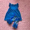 2017 new arrival cute baby fall clothes deep blue pearl dress match flower pattern icing capris outfit
