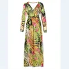 Summer European and American Lantern Sleeve Chiffon Long Sleeve V-collar Dress Fashionable Printed Beach Skirt