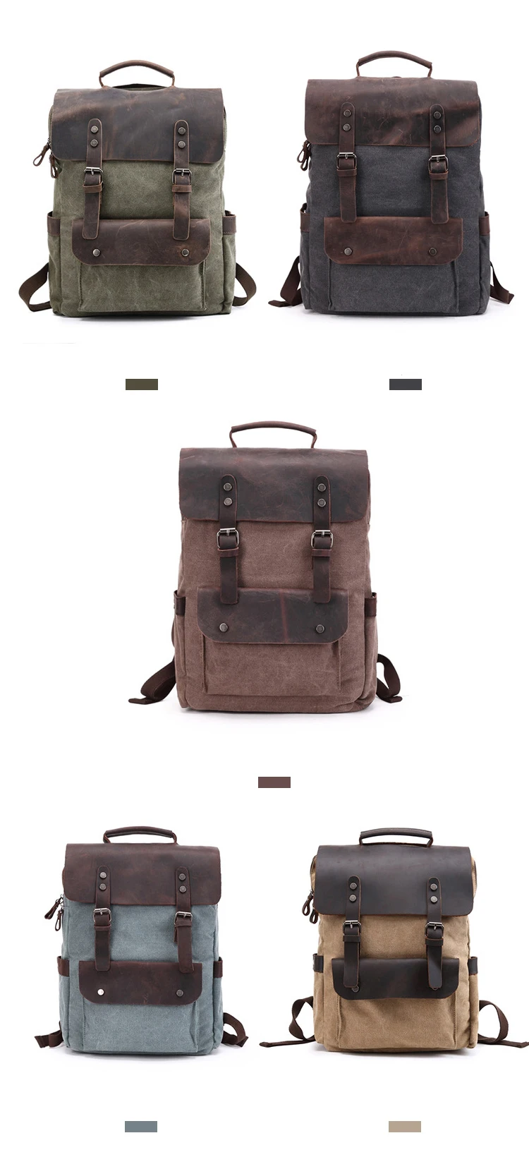 Retro 16Oz Washed Canvas Design Daily Use Durable Crazy Horse Leather Backpack Rucksack Back Pack Bag
