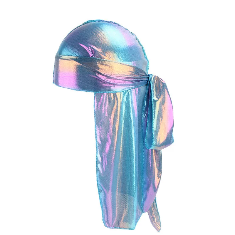 Custom Make Up Silk Head Scarf Metallic Laser Durag Head Wrap Polyester Durag With Long Tail For ...