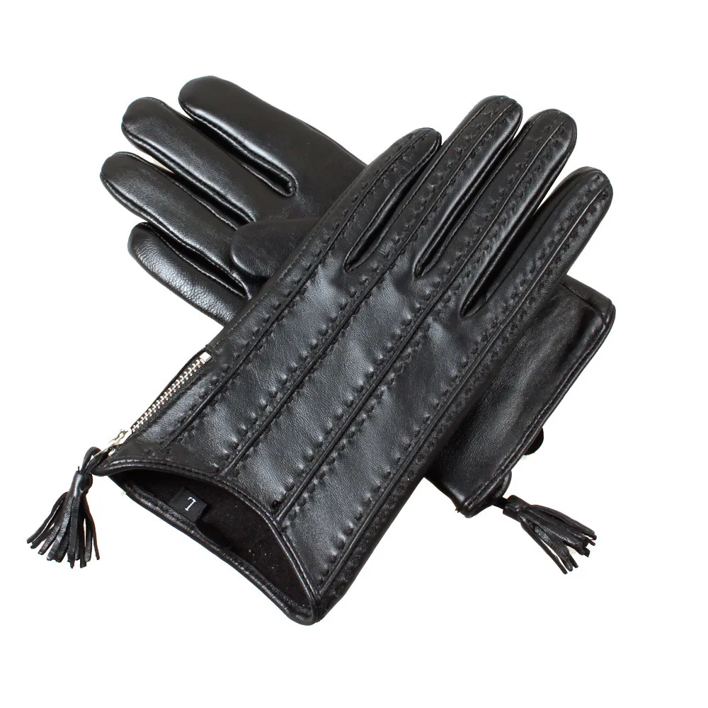 Custom Women Sheepskin Genuine Leather Gloves With Zipper Decoration