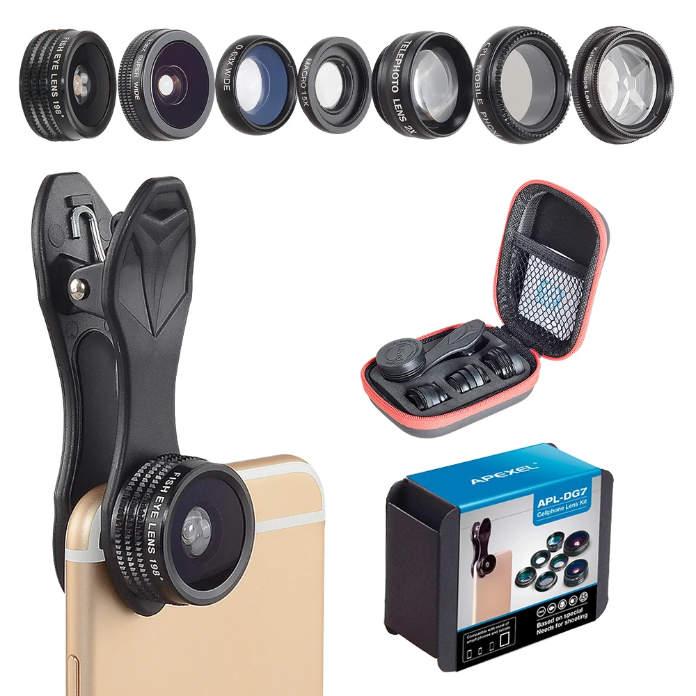 Apexel Trending Deluxe Cell Phone Lens 2x Zoom 7in1 Lens Kit Camera Lenses For Mobile Phone