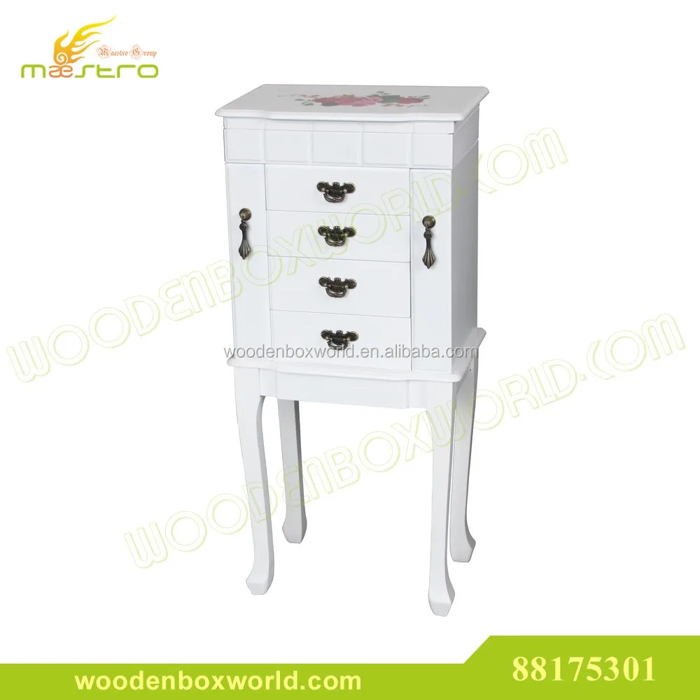 Jewelry Armoire White Colour Standing With Floral Design On Top