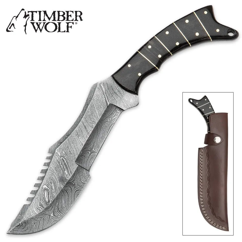 Timber Wolf Buffalo Horn Damascus Steel Bowie Knife w/Leather Sheath