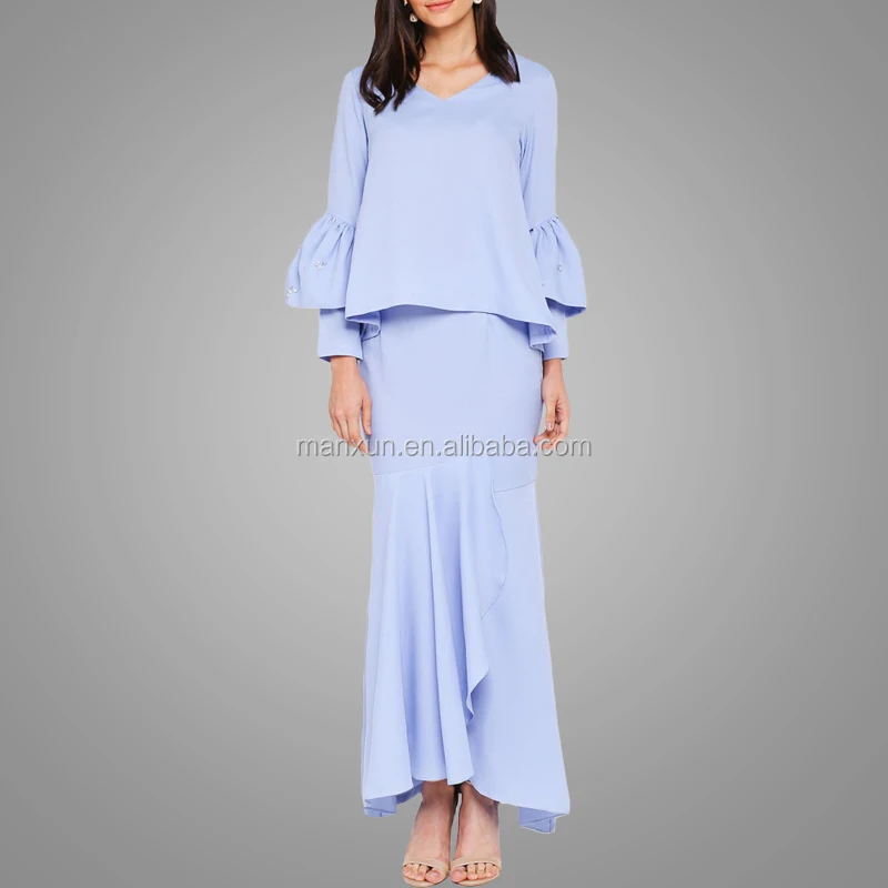Beading Sleeves V Neck Sky Blue Baju Kurung Elegant Design Baju Kebaya