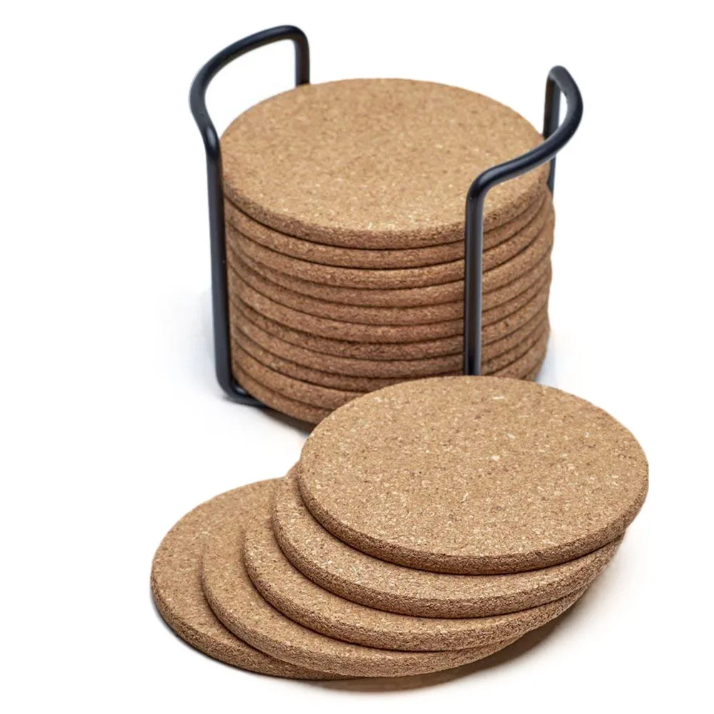 Natural Cork Coasters With Round Set With Metal Holder Storage Caddy ...