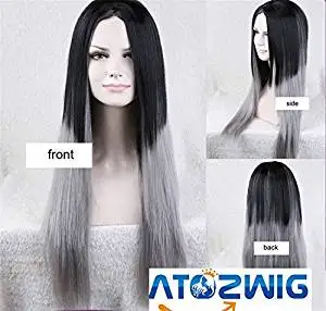ATOZWIG Silk Straight Ombre Silver Grey Synthetic Lace Front Wig Glueless Two Tone Natural Black/Grey Heat Resistant Hair Wigs For Women
