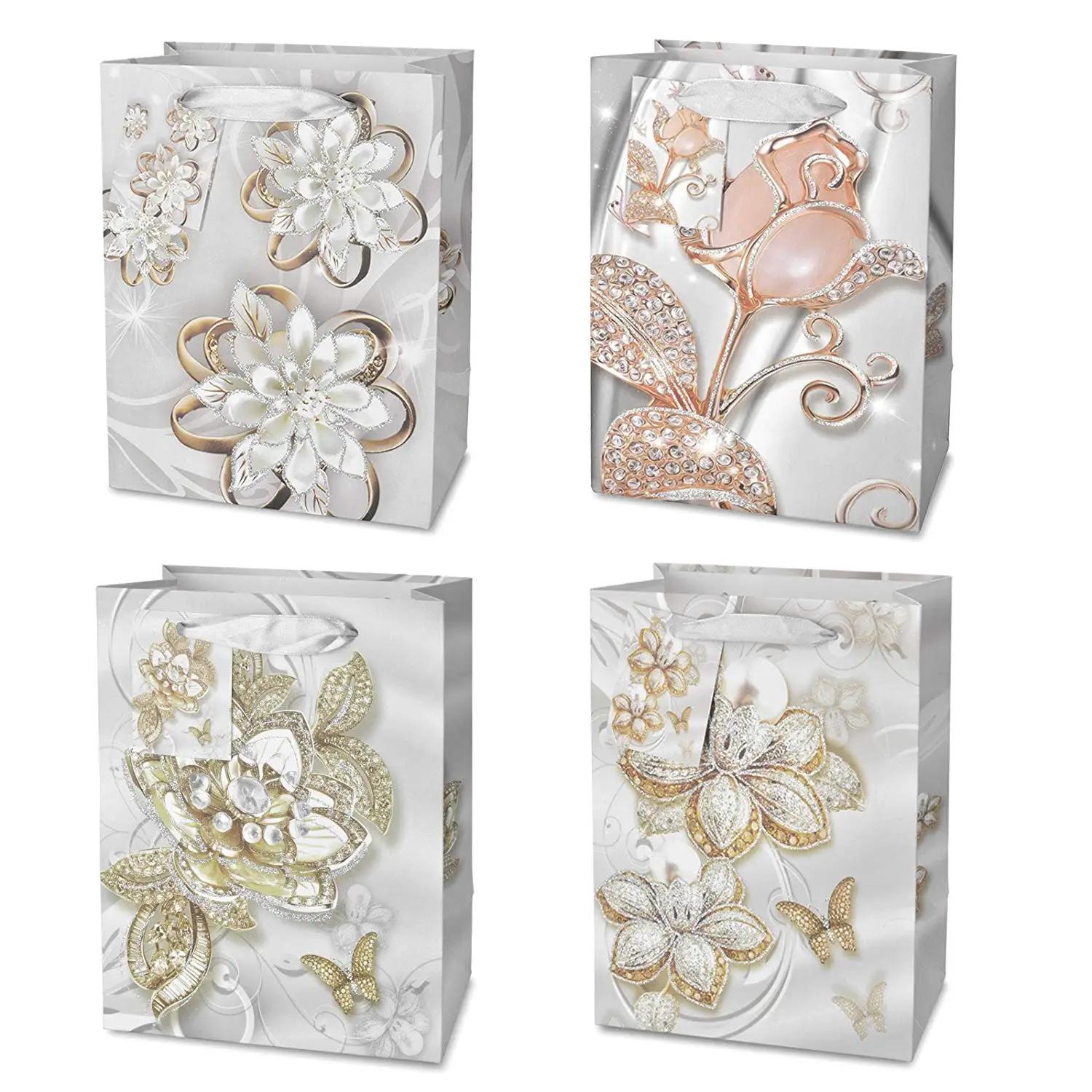 Wedding Party Gift Bags Bulk Glitter Rose Craft Bags with Handles for Bridal Birthday Gifts 4 Styles