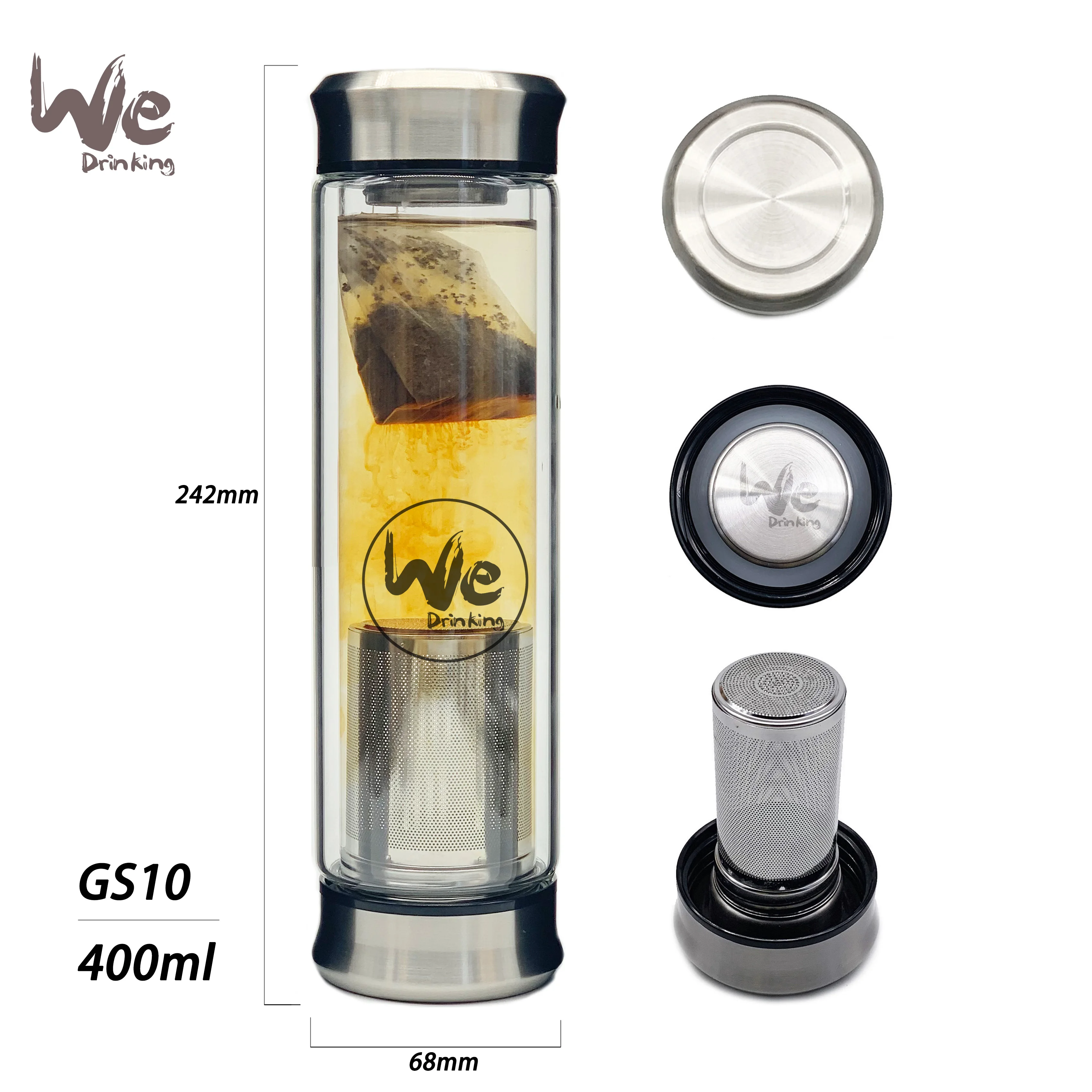 Gs10 400ml Glass Tea Infuser Travel Mug With Strainer And 2 Steel Lids For Loose Leaf Tea Matcha