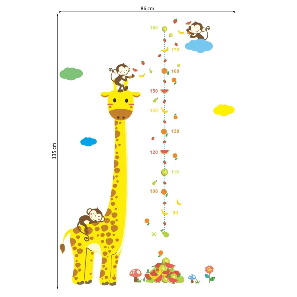 Lucu Giraffe Monyet Buah Buahan Grafik Pertumbuhan Stiker Dinding