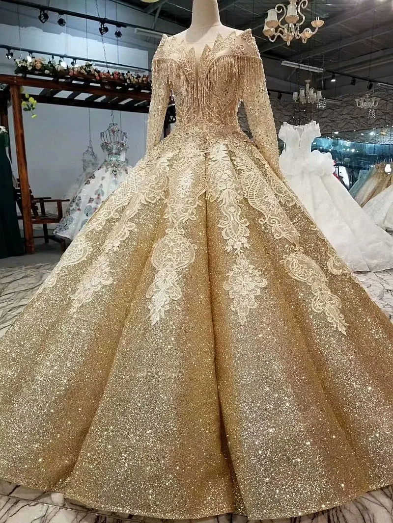 30554 Golden Wedding Dress 2018 Long Sleeves Vestido De Noiva Sweep