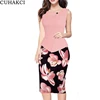 Spring Autumn Women Printed Floral Pencil Dress Sleeveless Patchwork Button Office Dress