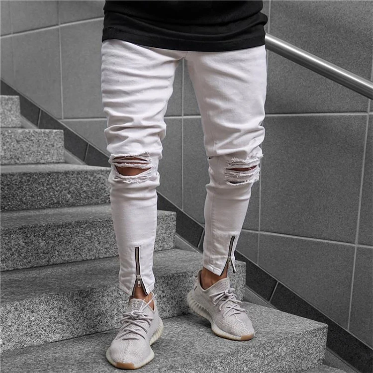 Guangzhou Fast Delivery Cheap Men's trousers with holes in zipper white jeans