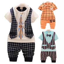 50%OFF Kids Summer Clothes Set Baby Boy Clothing Set Plaid Vest Tie Tshirt + Shorts Pants Gentleman Suit Casual Wear