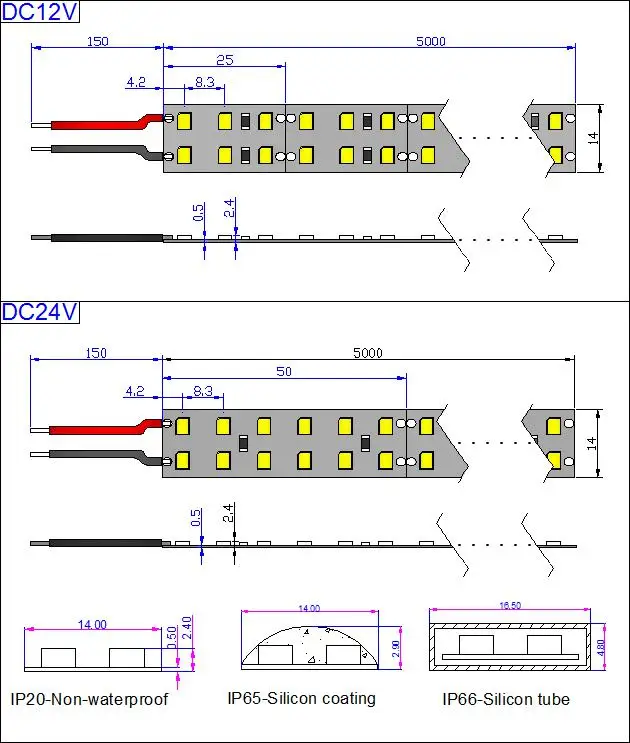 5050 3528 Smd Led Specifications Dc12v/24v 240leds/m 19.2w/m High Cri