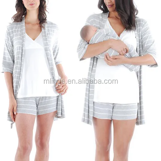 fat women Family nightwear 95% rayon / 5% spandex Gray Stripe 5-Piece Mommy & Me Nursing Set