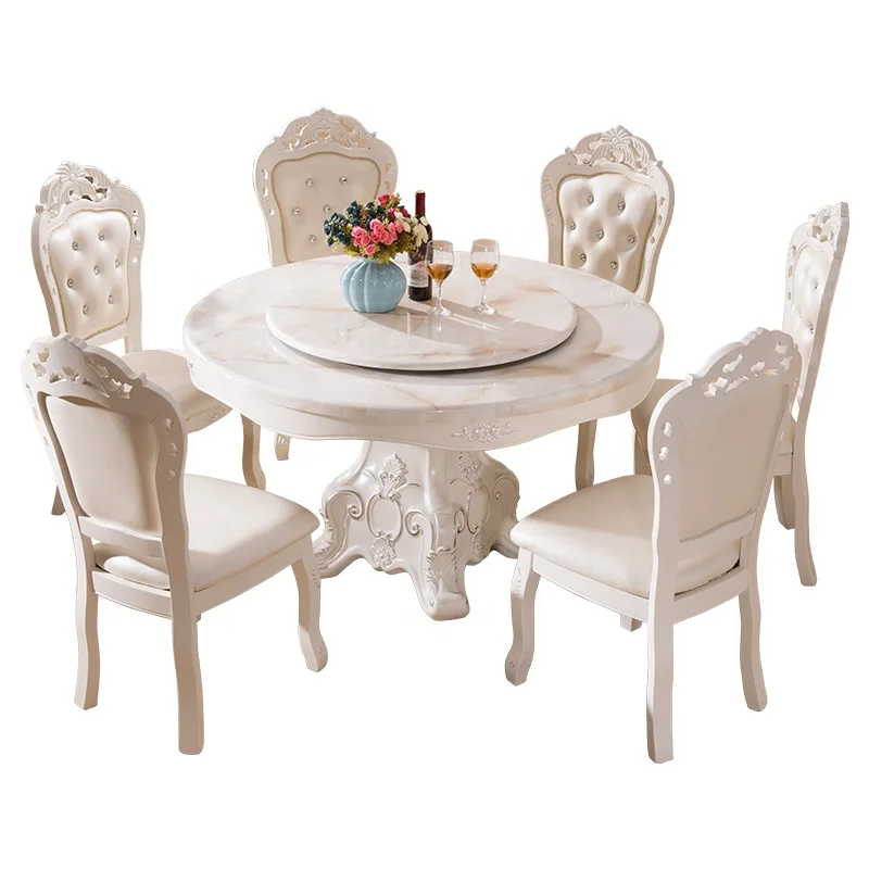 European Style Solid Wood Round White Dining Table Luxury Dinning Table Set 6 Chairs With Rotating Centre Marble Top Buy Gaya Eropa Solid Kayu Bulat Putih Meja Makan Mewah Set Meja