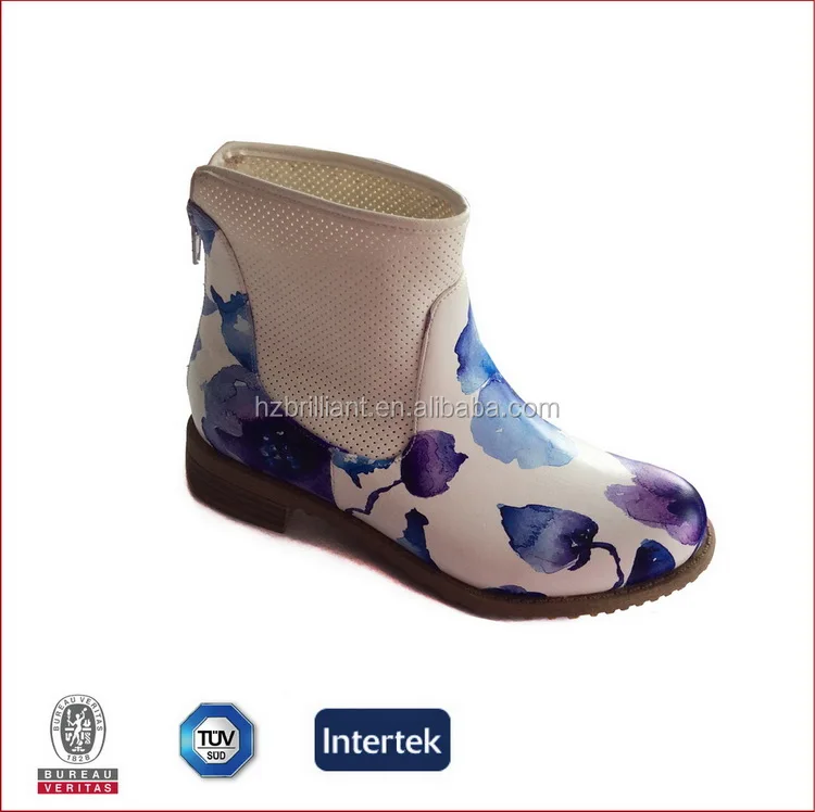 2016 fashion women flat short ankle boot flower print white blue