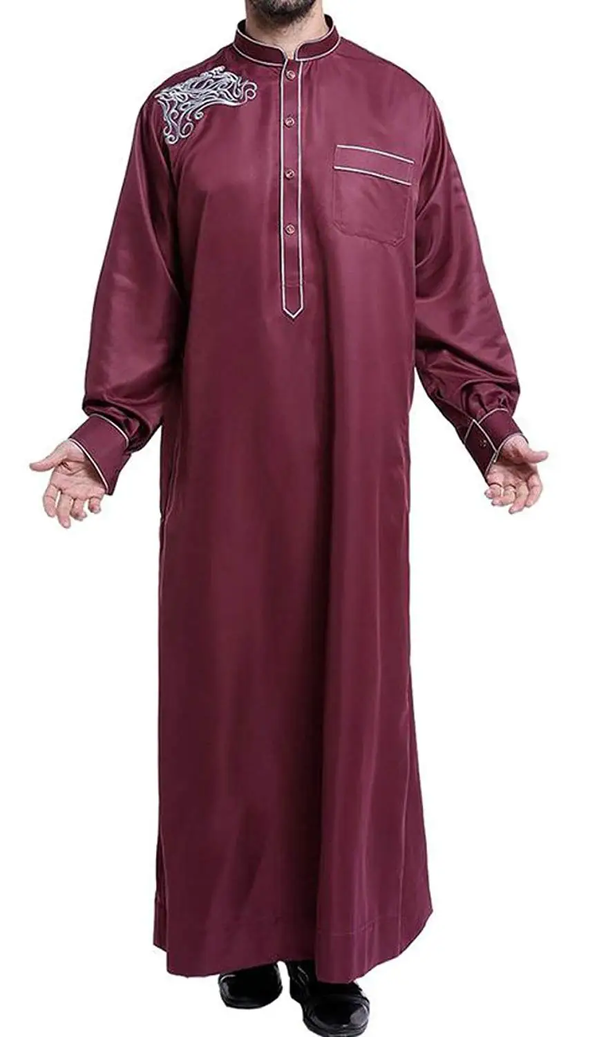 Wofupowga Men Casual Thobe Muslim Long-Sleeve Tops Islamic Shirt