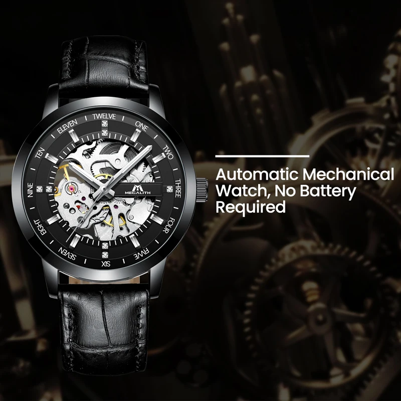 MEGALITH  mens watches black band no battery mechanical movement wristwatches montre homme water resistant silver
