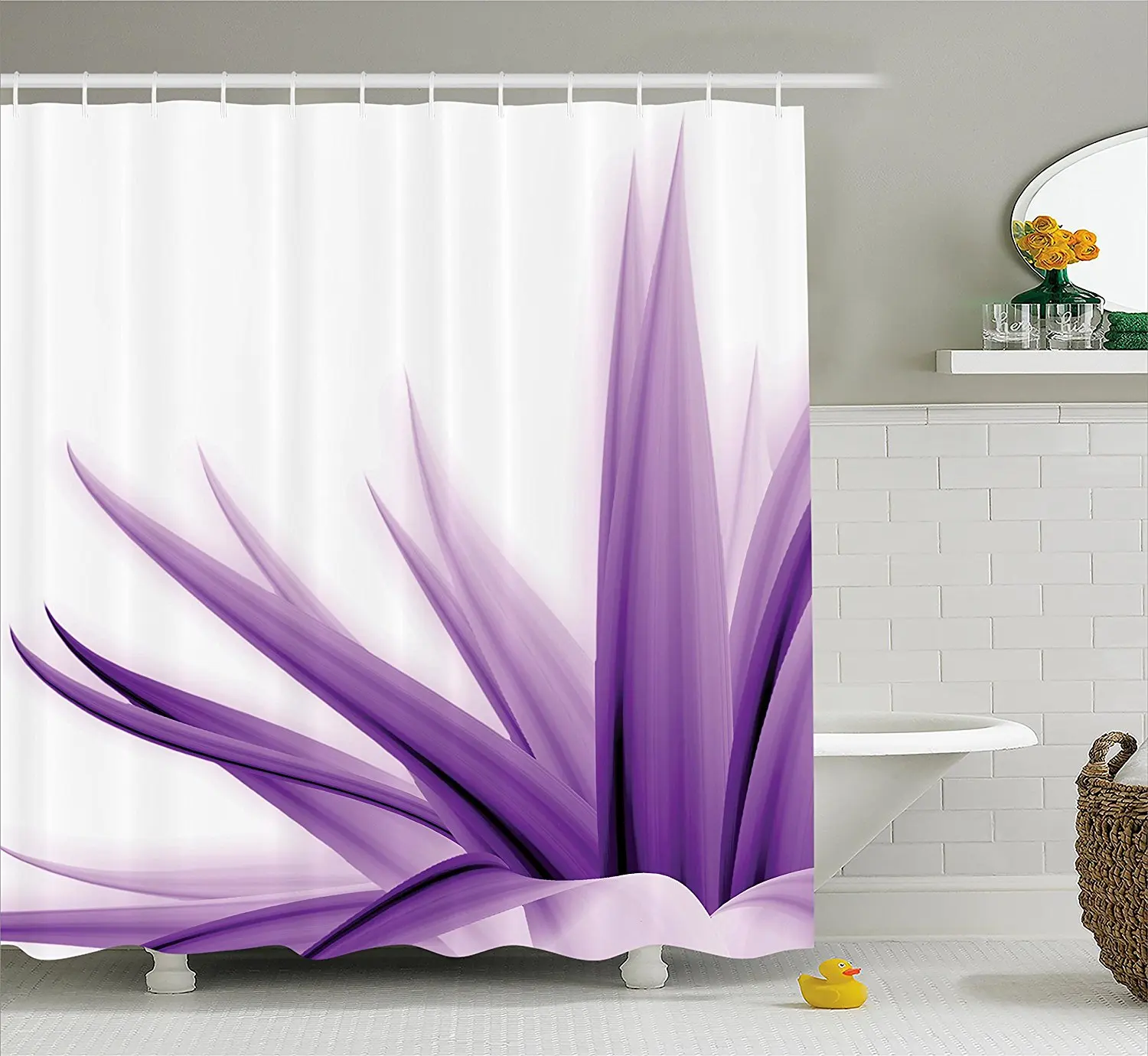 Flower Decor Shower Curtain by Ambesonne, Purple Ombre Long Leaves Water Colored Print with Calming Details Image, Fabric Bathroom Decor Set with Hooks, 70 Inches, Purple and White