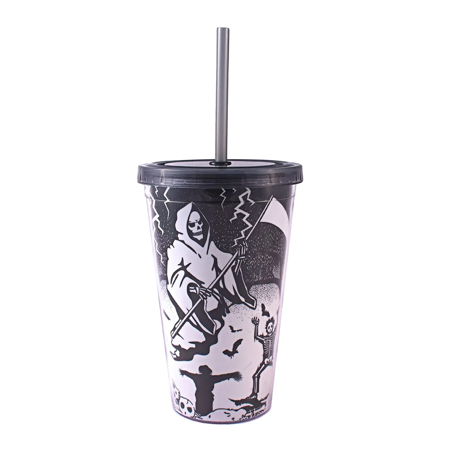 Silver Buffalo, LLC NO15087D Silver Buffalo Halloween Grim Reaper Glow in the Dark Plastic Cold Cup with Lid and Straw, 16 oz, Multicolored