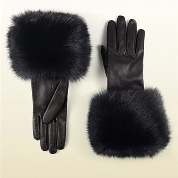 sexy women wearing fashion fox fur cuff genuine leather glove