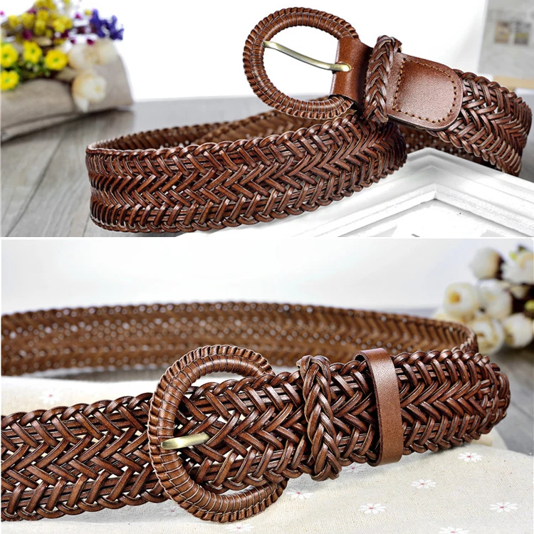 Women 4cm Wide Braided Belt Cowhide Bonded Leather Handmade Weave Belt ...