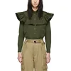 Stylish Custom Brand Buttoned-Down Spread Collar Ruffled Trim Long Sleeves Cotton in Green Lady Shirt Poplin