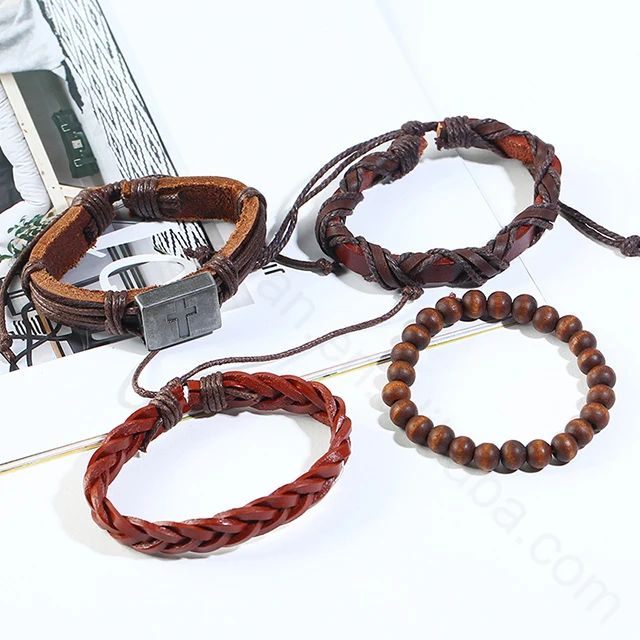 Fashion 4pcs 1 Set Punk Genuine Wrap Leather Bracelets Wrap Plain Leather Bracelets Cuff Jewelry Accessories.jpg